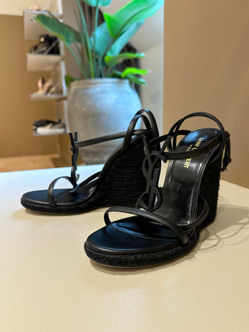 YSL Cassandra 115mm Wedge Sandals Black 37
