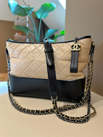 Chanel Gabrielle Medium Hobo Bag Beige/Black With Gold & Silver Hardware
