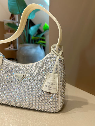 Prada Satin Mini Bag With Crystal White