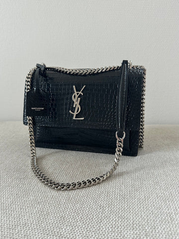 YSL Sunset Medium Bag Crocodile Black SHW