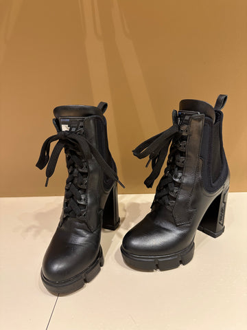 Prada Monolith Leather Ankle Lace Up Boots Black 36