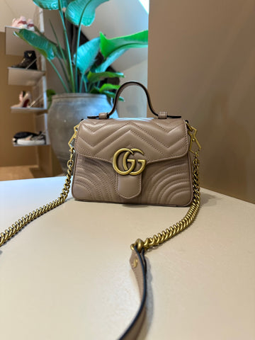 Gucci GG Marmont Mini Top Handle Bag Taupe Aged GHW