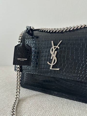 YSL Sunset Medium Bag Crocodile Black SHW