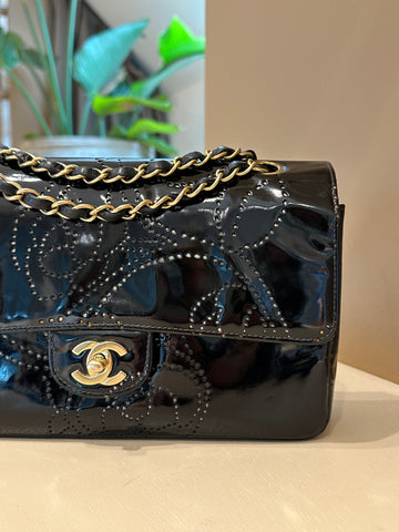 Chanel Vintage Small Perforated Camellia Flap Bag Black Patent Leather GHW