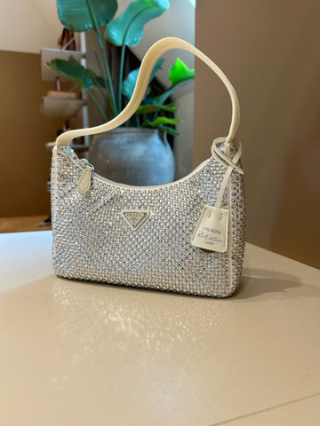 Prada Satin Mini Bag With Crystal White