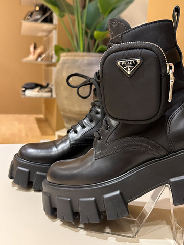 Prada Monolith Leather & Re-Nylon Boots With Pouch Black 37