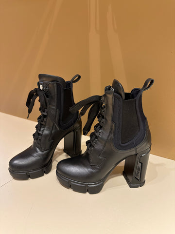Prada Monolith Leather Ankle Lace Up Boots Black 36