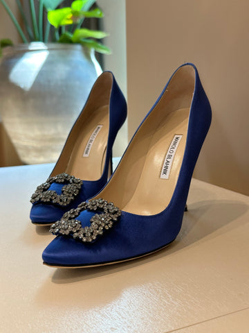 Manolo Blahnik Hangisi Blue Satin Jewel Buckle Pumps 40