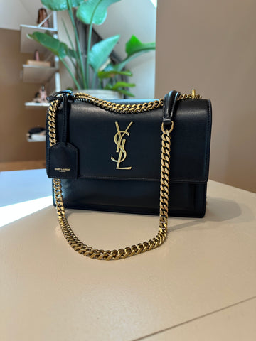 YSL Sunset Medium Bag Smooth Black Leather GHW