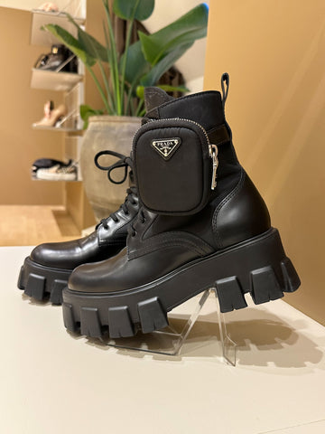 Prada Monolith Leather & Re-Nylon Boots With Pouch Black 37