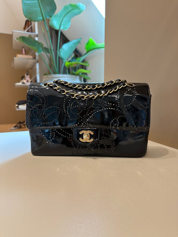 Chanel Vintage Small Perforated Camellia Flap Bag Black Patent Leather GHW