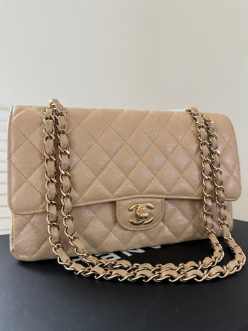 Chanel 21S Medium Classic Flap Bag Irediscent Beige Caviar GHW
