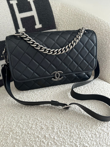 Chanel Carry All Messenger Bag Black Aged SHW