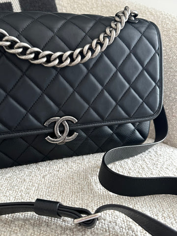 Chanel Carry All Messenger Bag Black Aged SHW