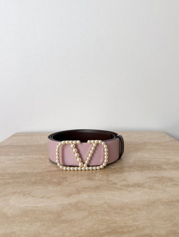 Valentino Garavani Pearly Vlogo Reversible Belt Porcelain Rose/Brown 95 cm