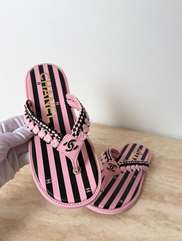 Chanel Thongs Crochet & Lamskin Pink 38
