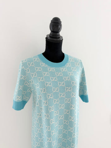 Gucci GG Logo Jacquard Short Sleeve Dress Light Blue L