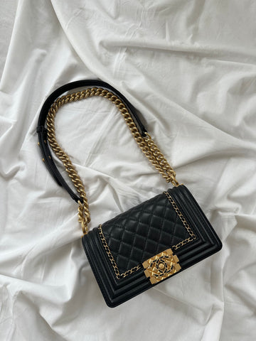 Chanel Quilted Small Chain Detail Boy Bag Black Lambskin Aged GHW