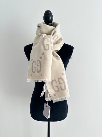 Gucci GG Jacquard Wool Silk Scarf Ivory & Beige