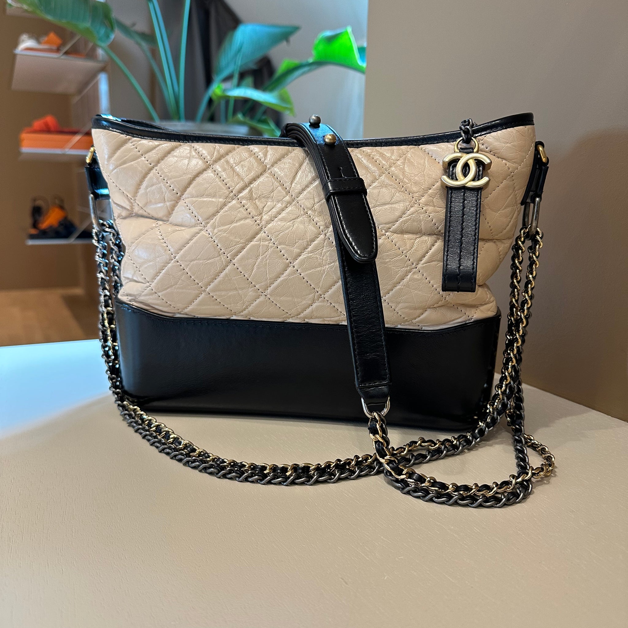 Chanel Gabrielle Medium Hobo Bag Beige/Black With Gold & Silver Hardware