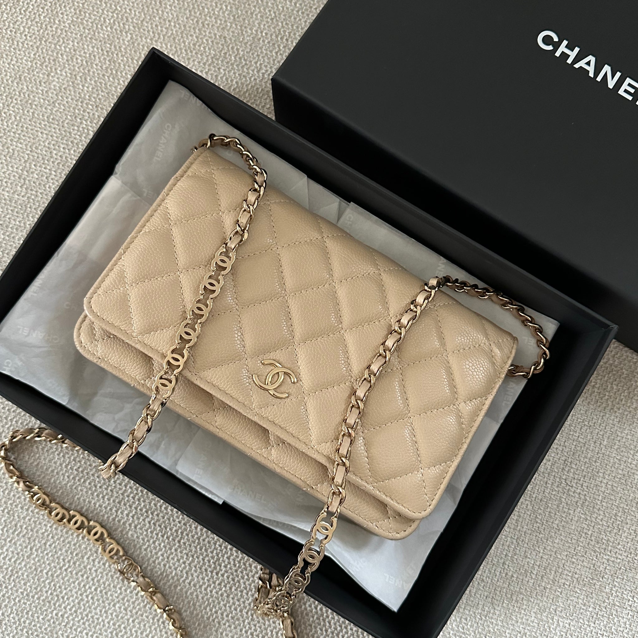 Chanel Wallet On Chain Beige Taupe Caviar With Heart Chain GHW