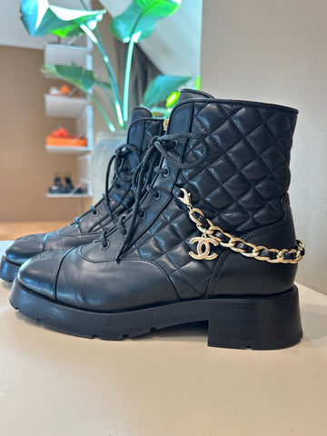 Chanel CC Lace Up Combat Boots Black 40