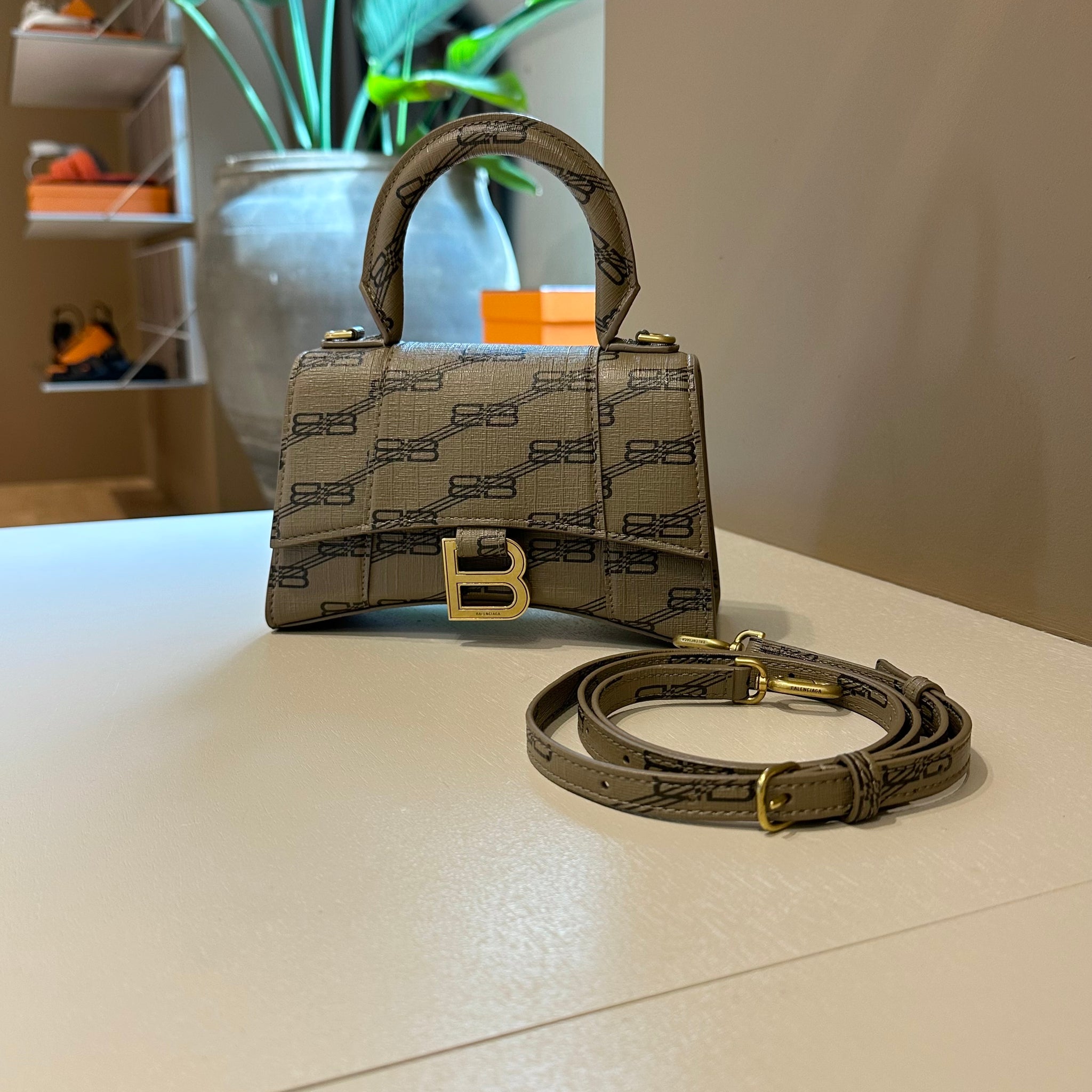 Balenciaga Hourglass XS Coated Canvas BB Monogram Top Handle Bag