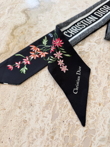 Dior Oblique Mitzah Scarf Black Floral Printed Silk Twill