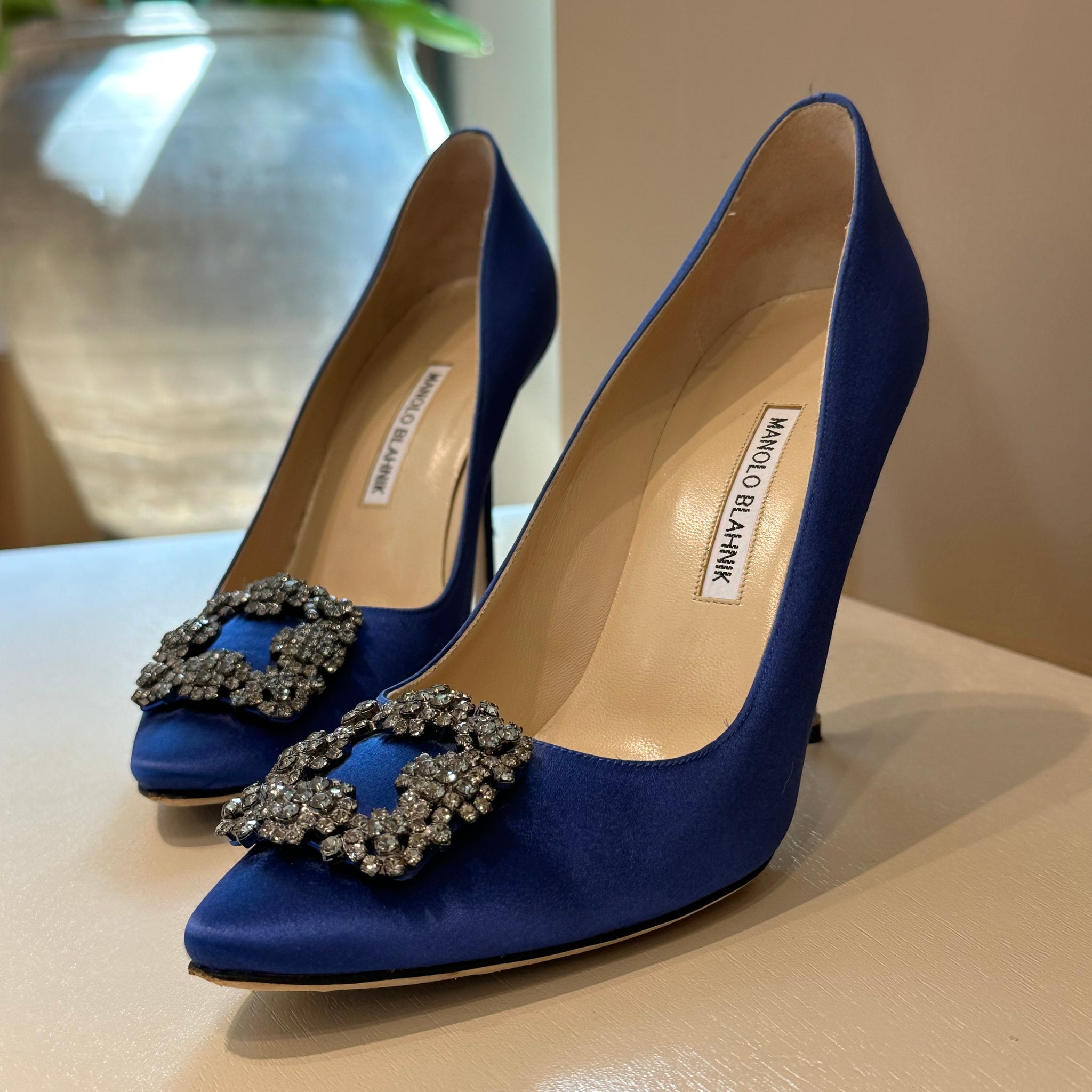 Manolo Blahnik Hangisi Blue Satin Jewel Buckle Pumps 40