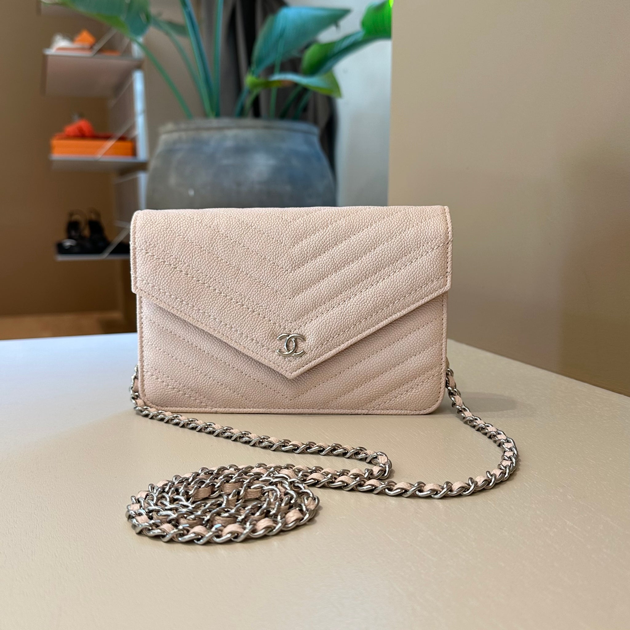 Chanel Envelope Wallet On Chain Chevron Rose Caviar SHW