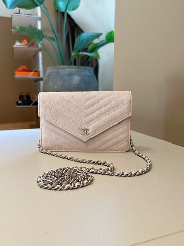 Chanel Envelope Wallet On Chain Chevron Rose Caviar SHW