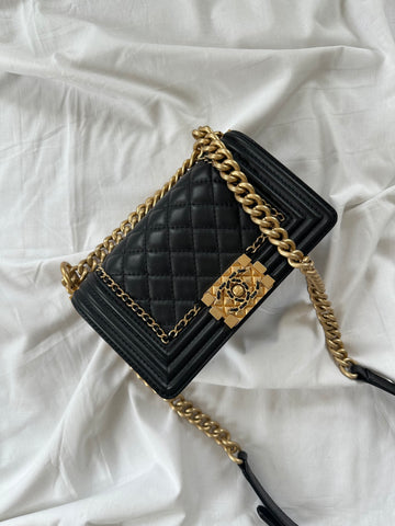 Chanel Quilted Small Chain Detail Boy Bag Black Lambskin Aged GHW