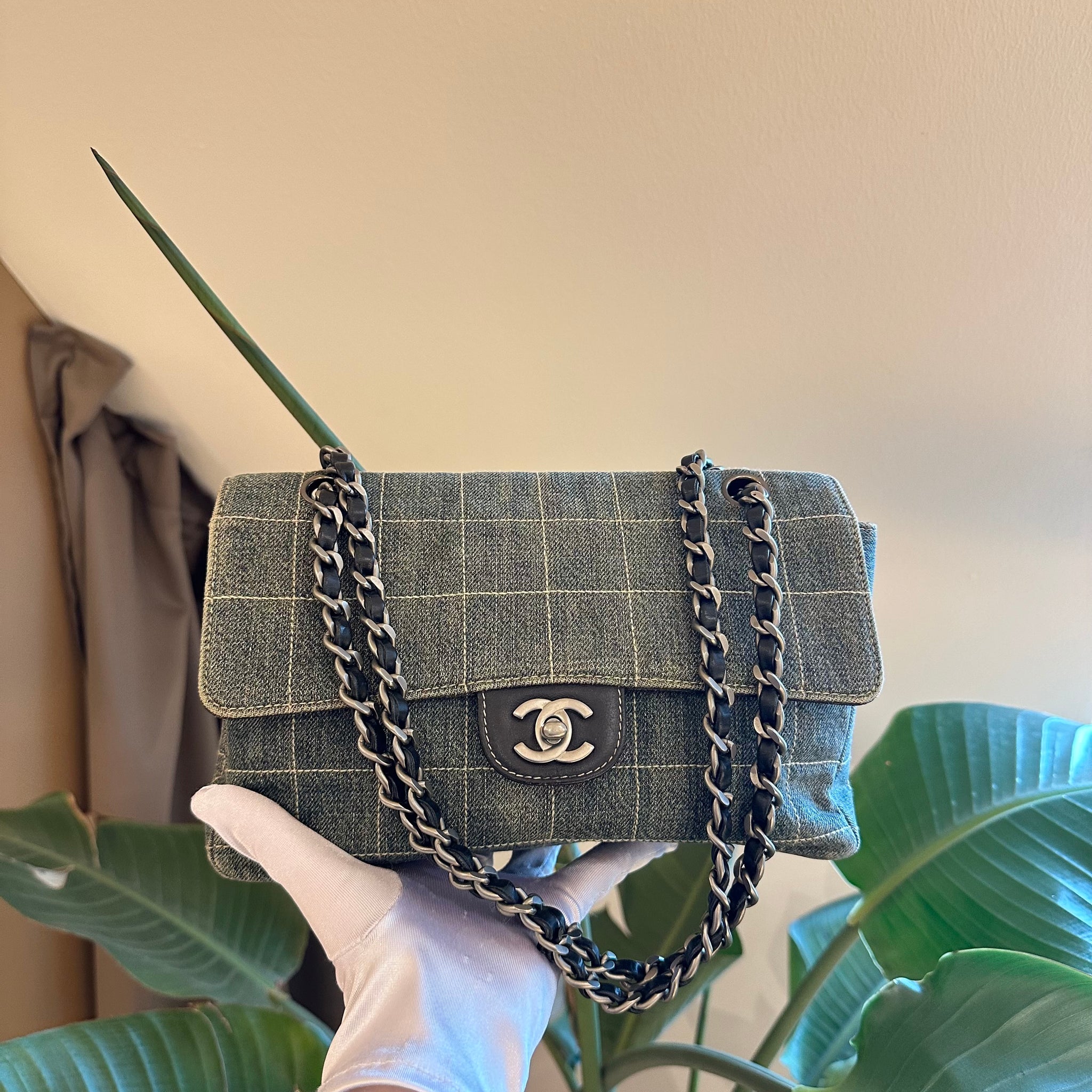 Chanel Vintage Denim Chocolate Bar Medium Classic Flap Bag SHW