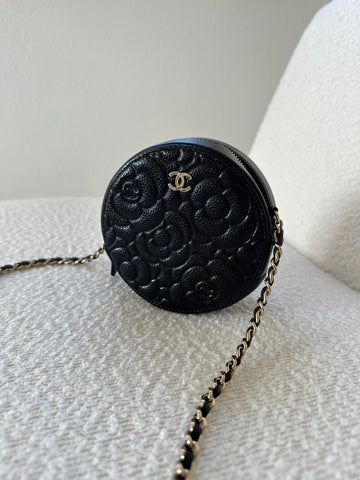 Chanel Small Camelia Round Bag on a chain Black GHW