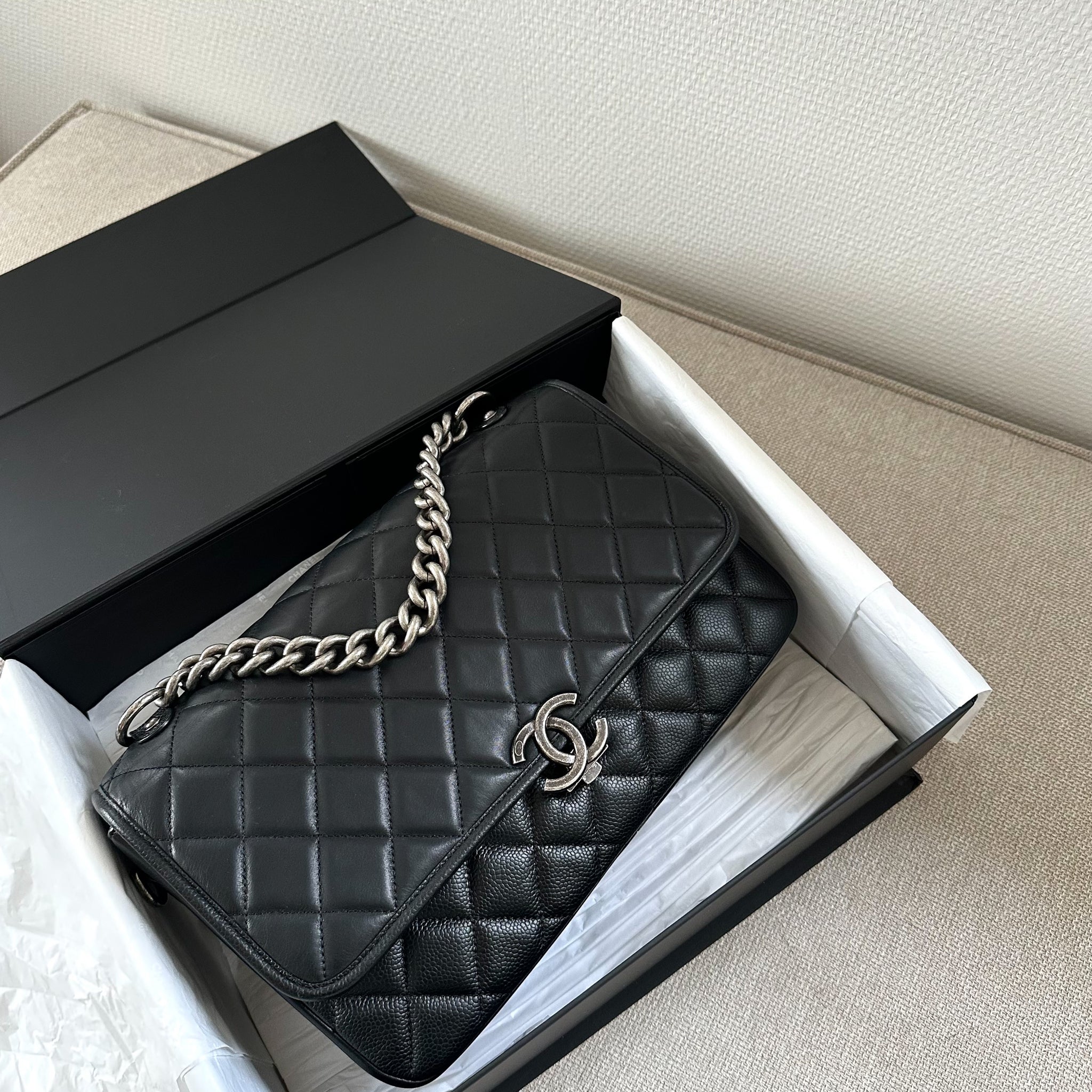 Chanel Carry All Messenger Bag Black Aged SHW