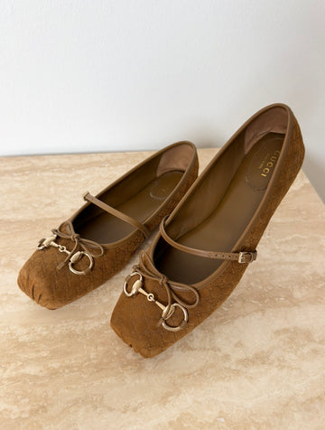 Gucci Mini GG Suede Horsebit Ballet Flat Light Brown 39