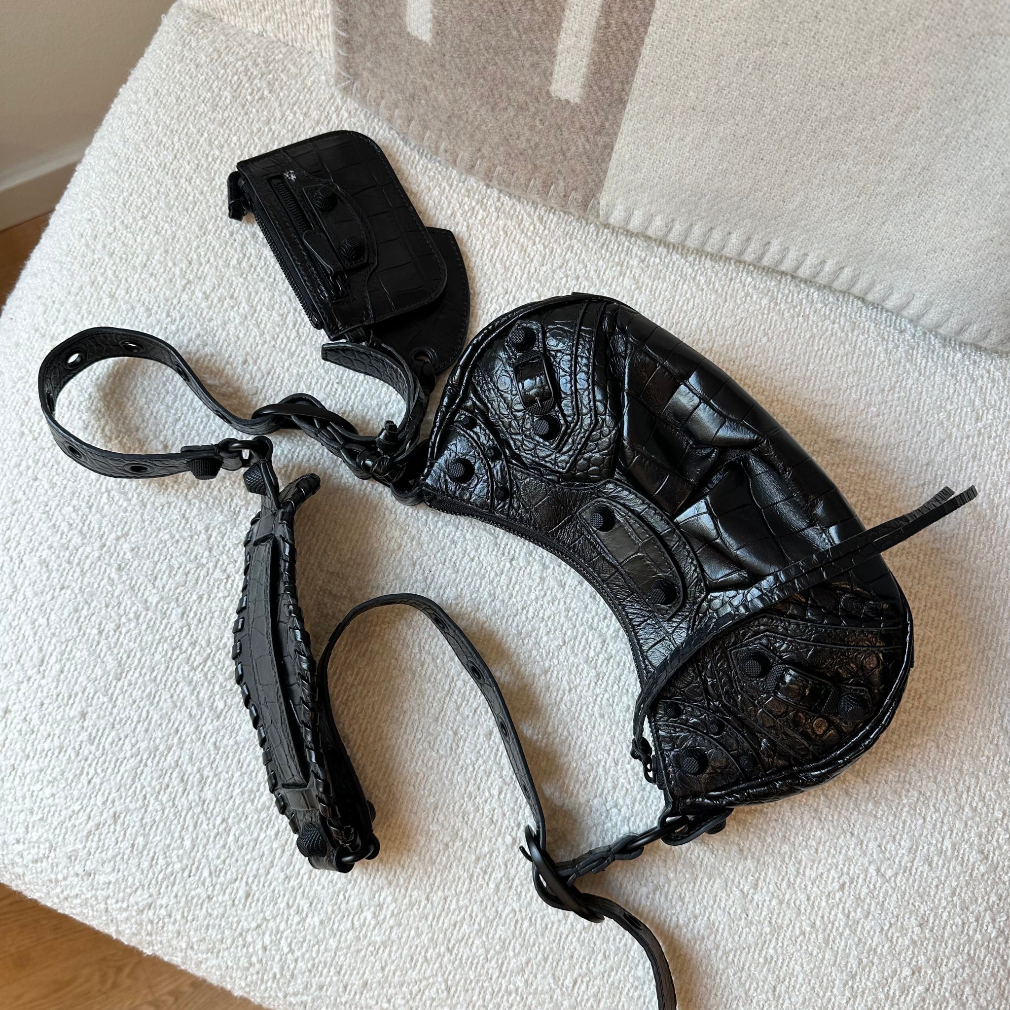Balenciaga Le Cagole XS Crocodile Embossed Bag Black