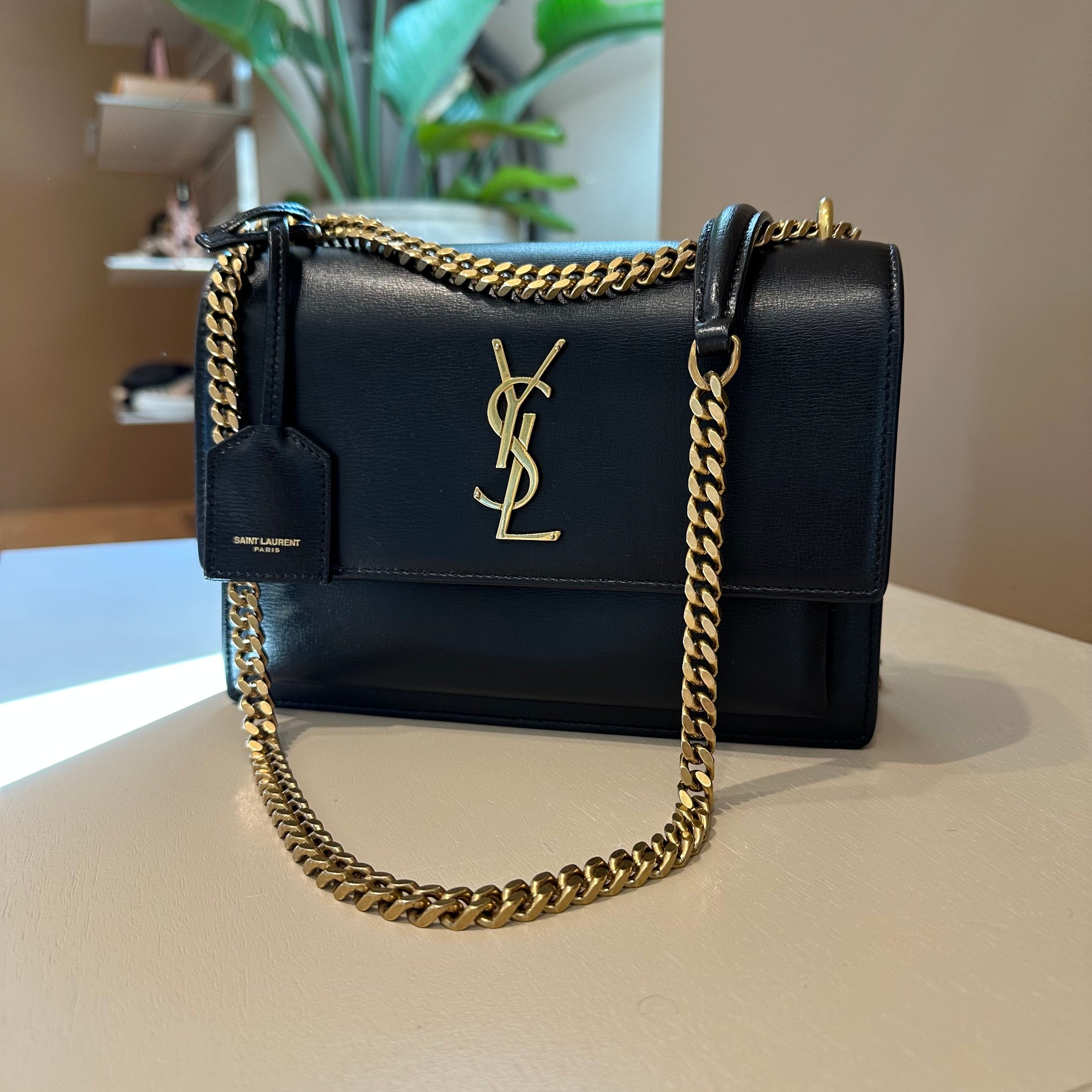 YSL Sunset Medium Bag Smooth Black Leather GHW