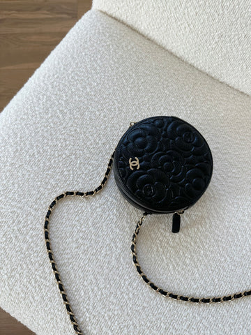 Chanel Small Camelia Round Bag on a chain Black GHW