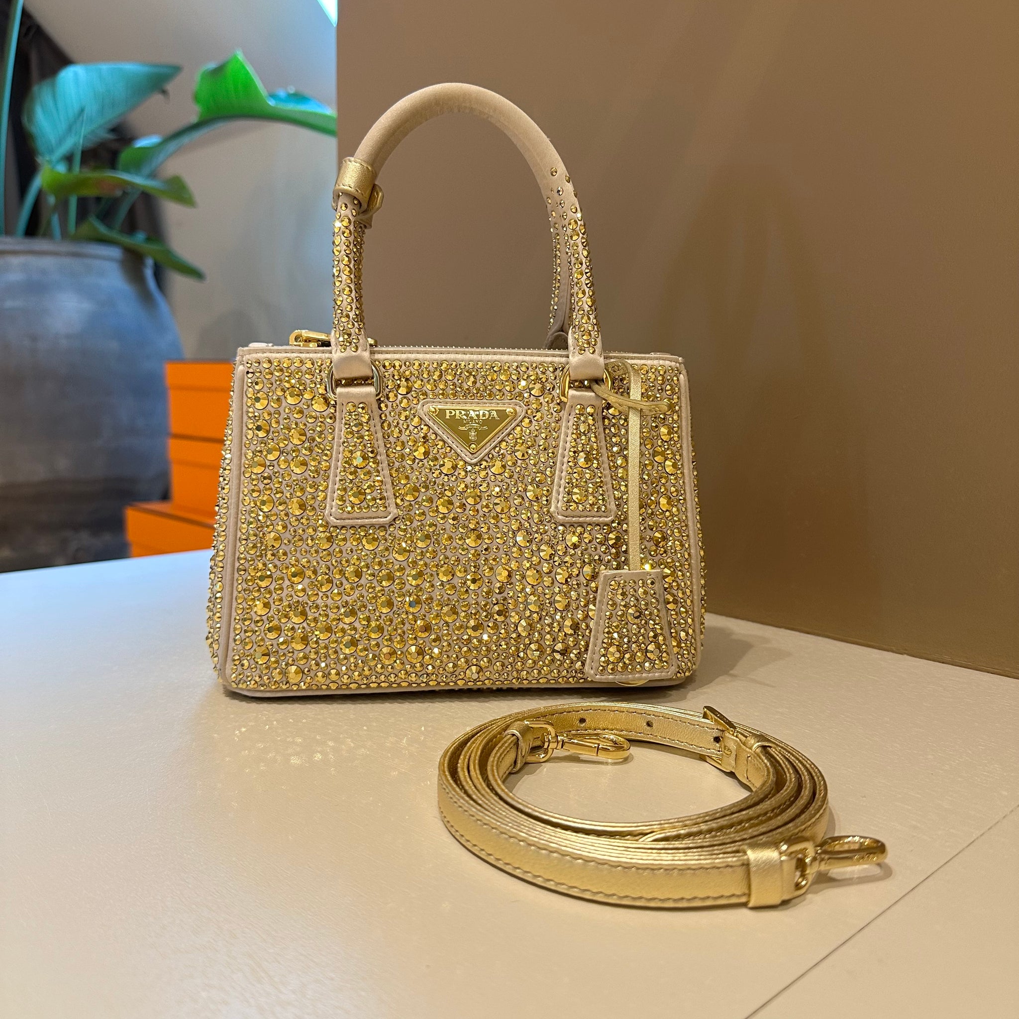 Prada Galleria Mini Satin Bag With Crystals Gold