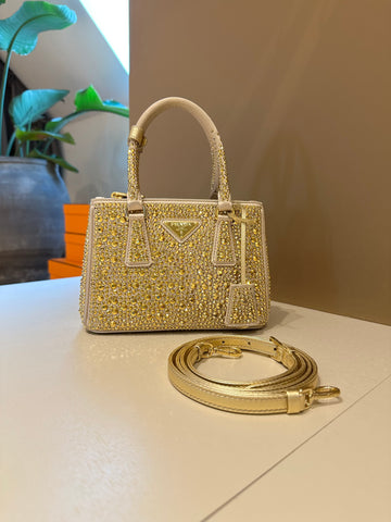 Prada Galleria Mini Satin Bag With Crystals Gold