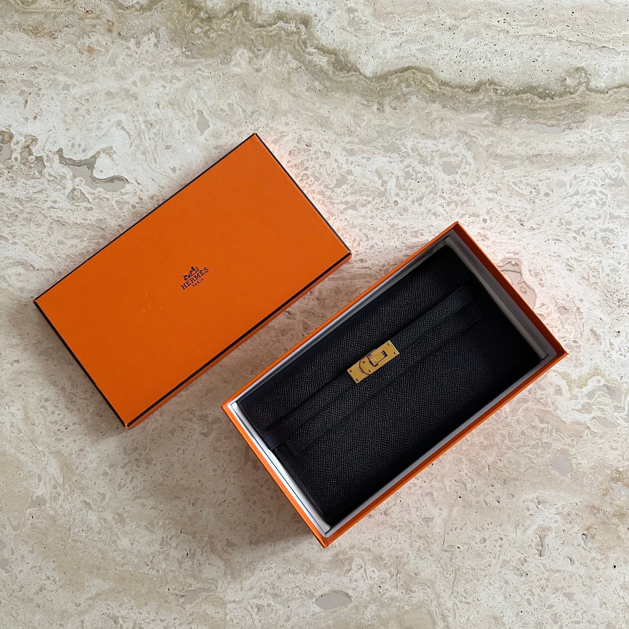 Hermés Kelly Classic Long Wallet Black Epsom GHW