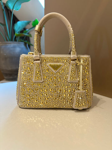 Prada Galleria Mini Satin Bag With Crystals Gold