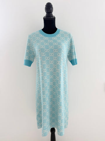 Gucci GG Logo Jacquard Short Sleeve Dress Light Blue L