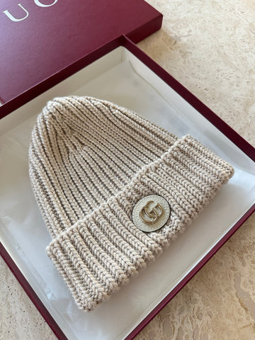 Gucci GG Rib Knit Wool Lamé Hat Ivory S