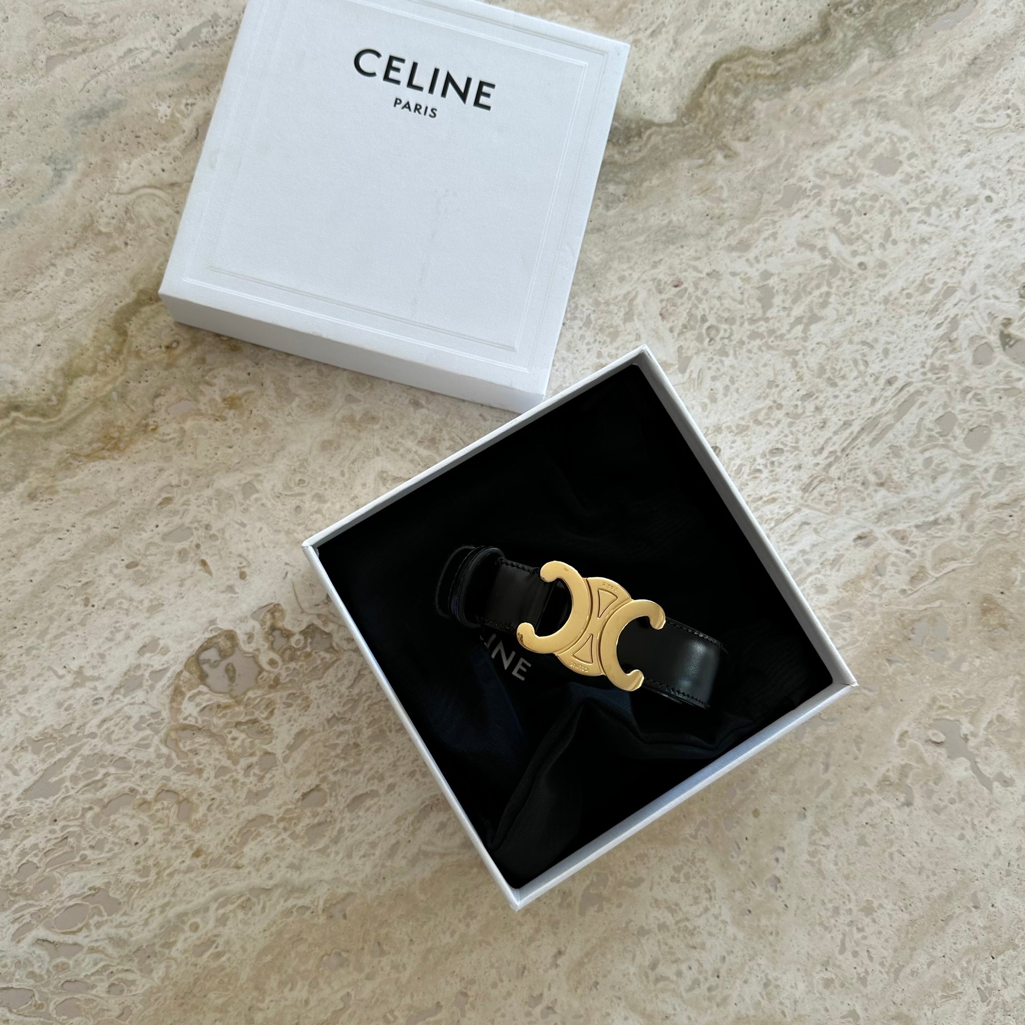 Celine Medium Triomphe Belt Black Taurillon Leather GHW