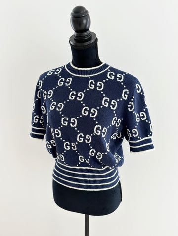 Gucci GG Cotton Jacquard Top Navy/Ivory XL