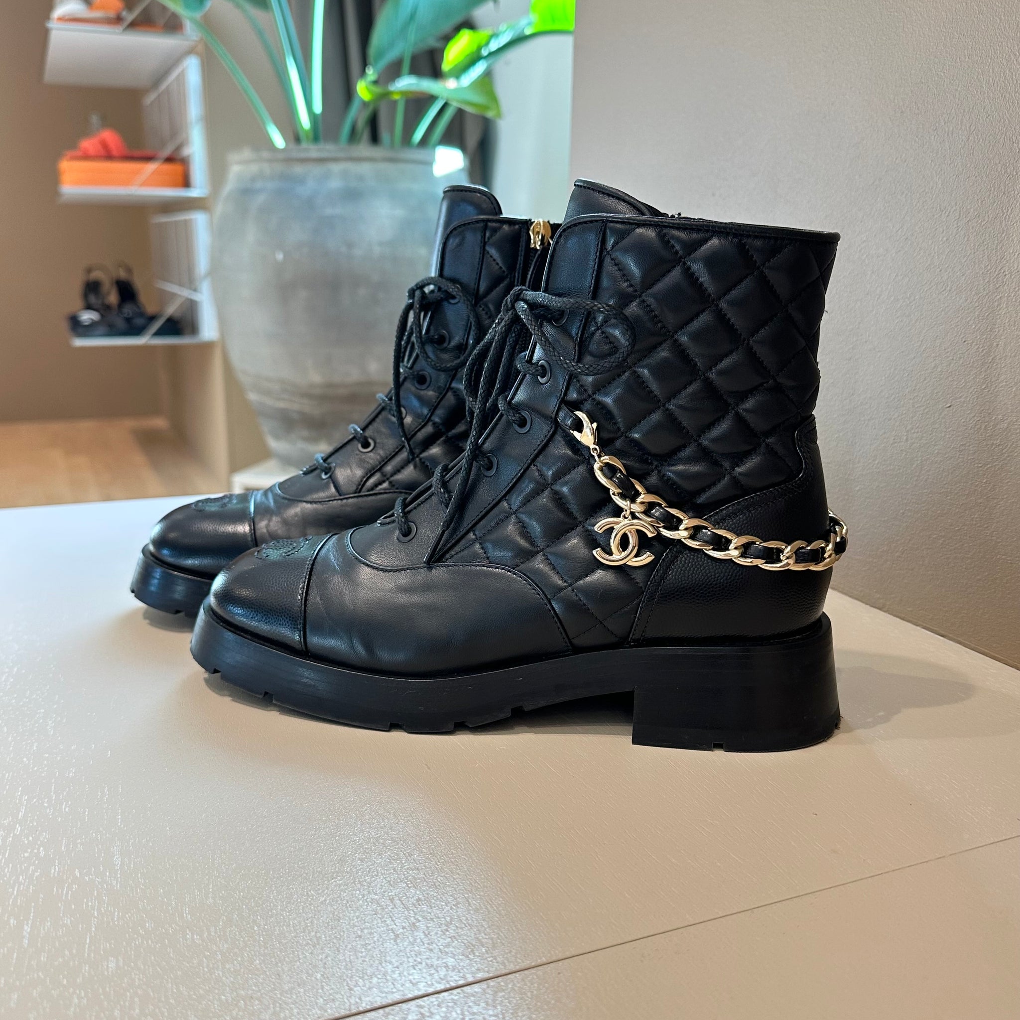 Chanel CC Lace Up Combat Boots Black 40