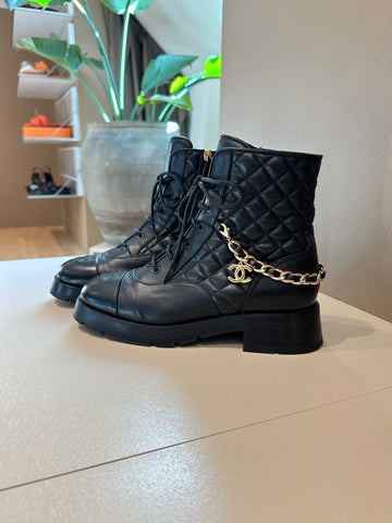 Chanel CC Lace Up Combat Boots Black 40