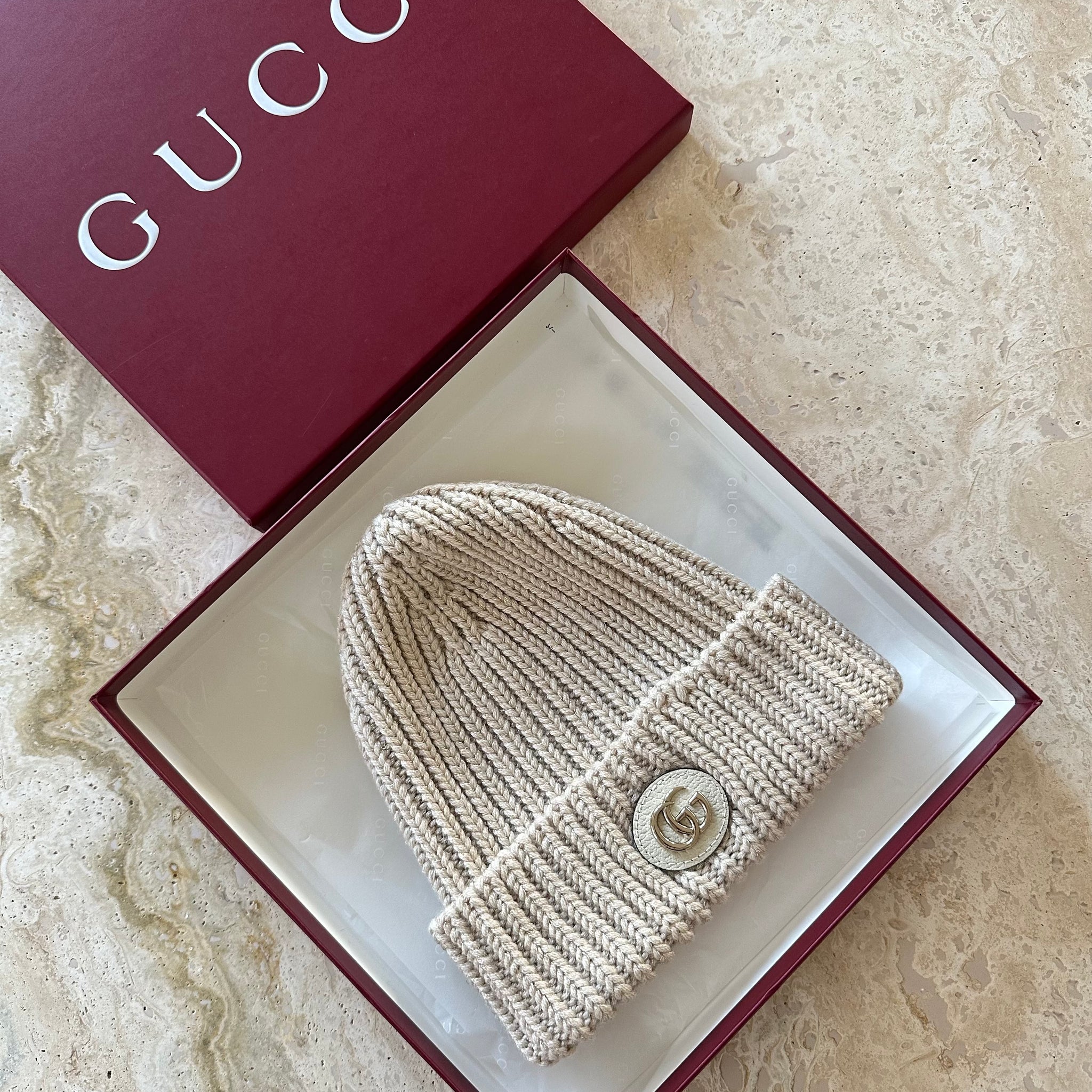 Gucci GG Rib Knit Wool Lamé Hat Ivory S